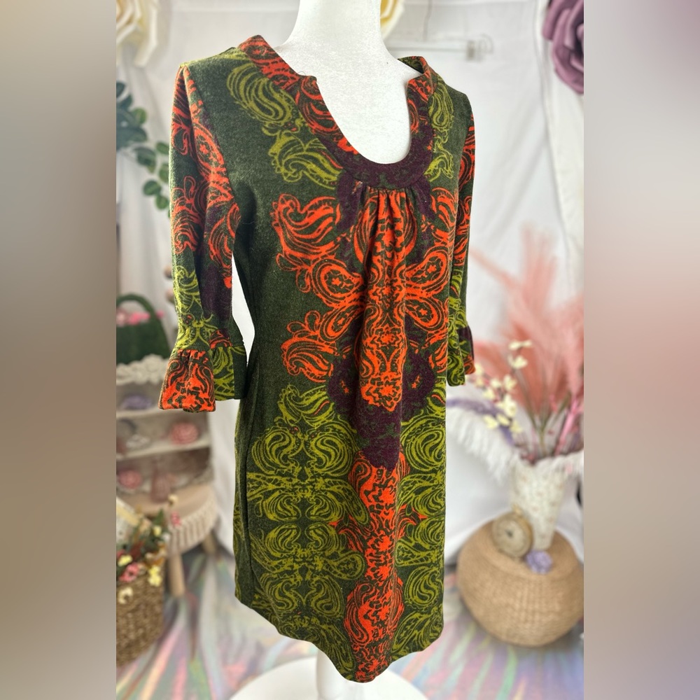 Aryeh Green Printed 3/4 Sleeve Sweater Dress. Size Medium